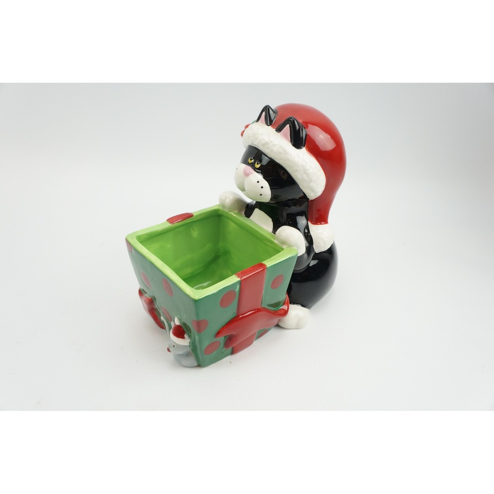 Florida Marketplace Meowy Christmas Cat Planter Tuxedo Santa Hat Ceramic EUC